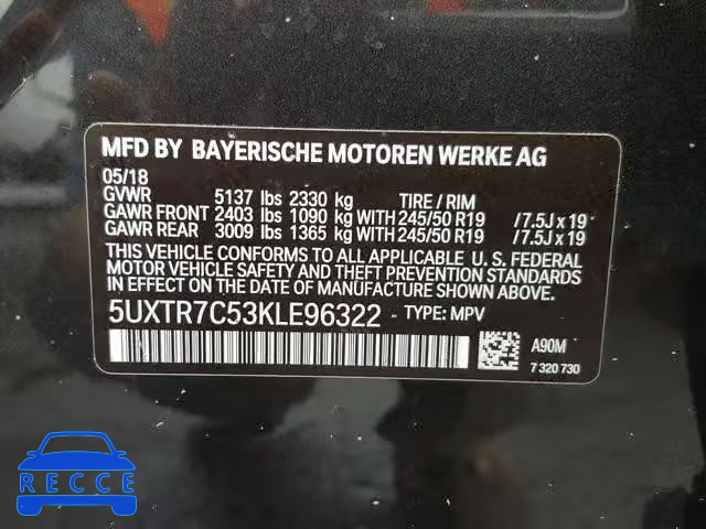 2019 BMW X3 SDRIVE3 5UXTR7C53KLE96322 image 9
