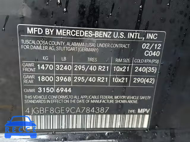 2012 MERCEDES-BENZ GL 550 4MA 4JGBF8GE9CA784387 image 9