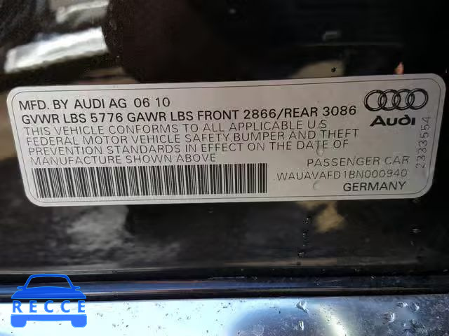 2011 AUDI A8 QUATTRO WAUAVAFD1BN000940 image 9