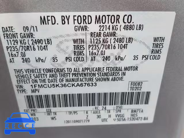 2012 FORD ESCAPE HYB 1FMCU5K36CKA67633 image 9