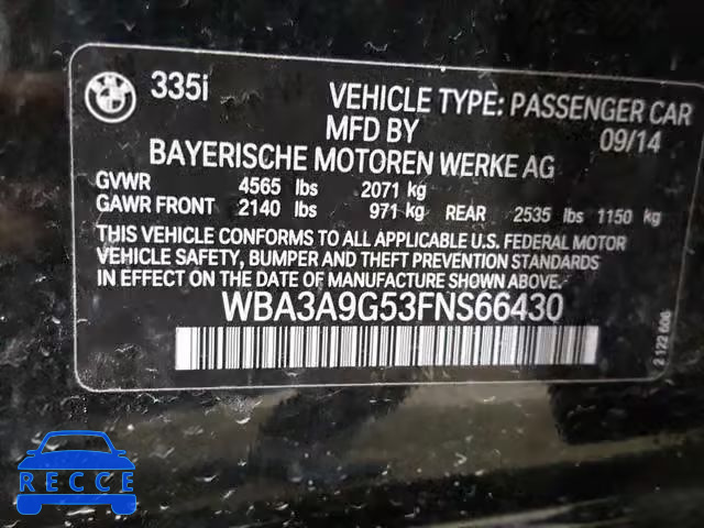 2015 BMW 335 I WBA3A9G53FNS66430 зображення 9