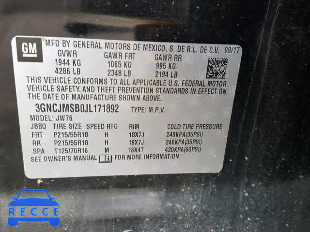 2018 CHEVROLET TRAX PREMI 3GNCJMSB0JL171892 image 9