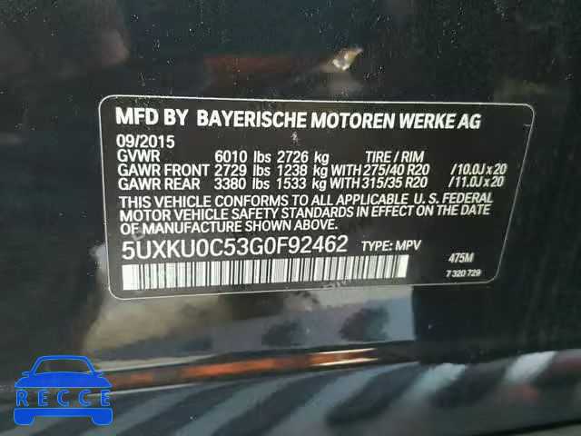 2016 BMW X6 SDRIVE3 5UXKU0C53G0F92462 image 9