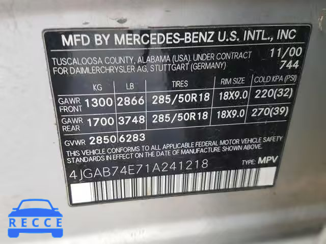 2001 MERCEDES-BENZ ML 55 4JGAB74E71A241218 image 9