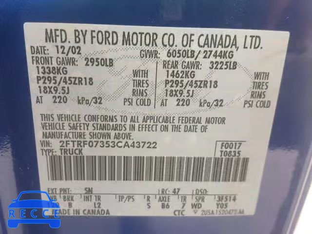 2003 FORD F150 SVT L 2FTRF07353CA43722 image 9
