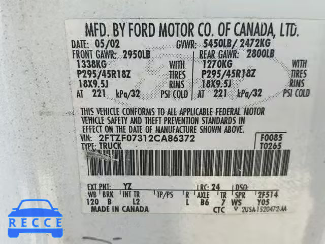 2002 FORD F150 SVT L 2FTZF07312CA86372 Bild 9