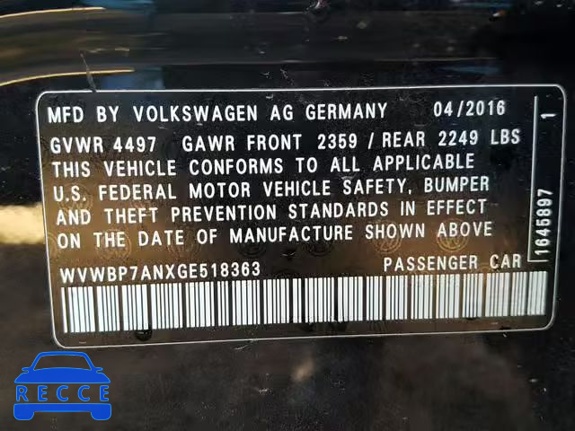 2016 VOLKSWAGEN CC BASE WVWBP7ANXGE518363 Bild 9