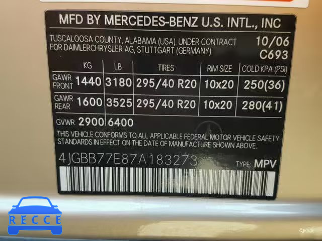 2007 MERCEDES-BENZ ML 63 AMG 4JGBB77E87A183273 Bild 9