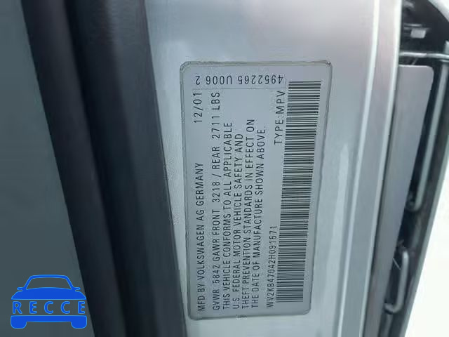 2002 VOLKSWAGEN EUROVAN GL WV2KB47042H091571 зображення 9