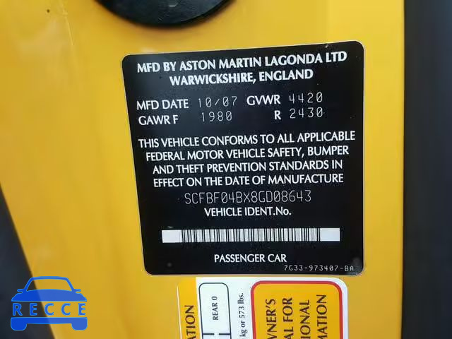2008 ASTON MARTIN V8 VANTAGE SCFBF04BX8GD08643 image 9