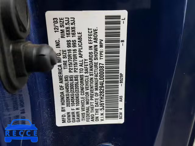2004 HONDA ELEMENT DX 5J6YH28294L000087 image 9