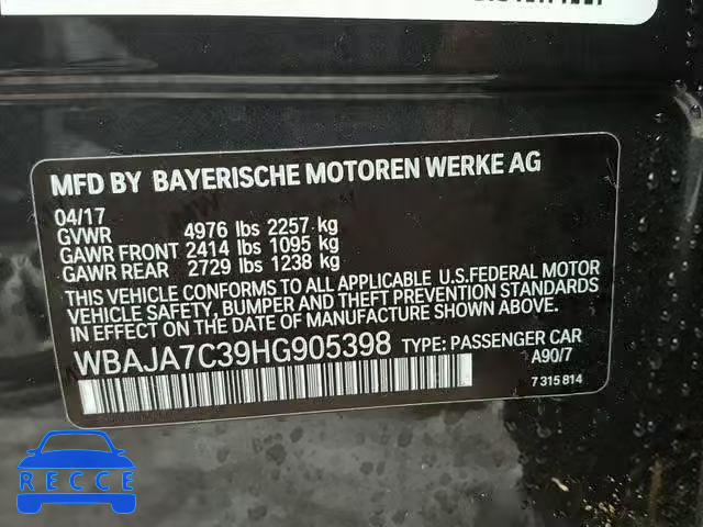 2017 BMW 530 XI WBAJA7C39HG905398 зображення 9