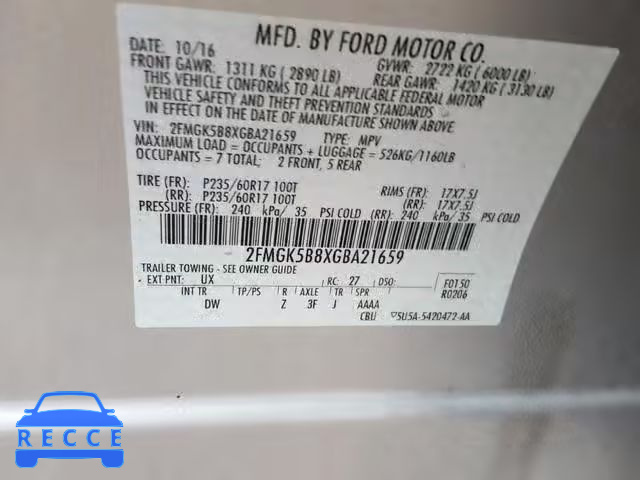 2016 FORD FLEX SE 2FMGK5B8XGBA21659 зображення 9