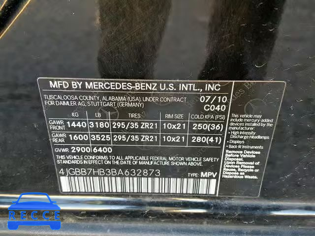 2011 MERCEDES-BENZ ML 63 AMG 4JGBB7HB3BA632873 зображення 9