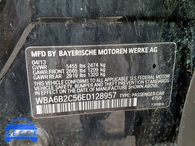 2014 BMW 650 I WBA6B2C56ED128957 зображення 9