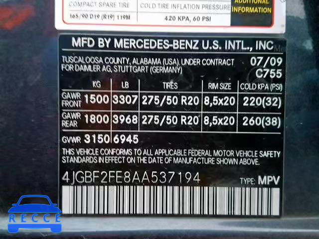 2010 MERCEDES-BENZ GL 350 BLU 4JGBF2FE8AA537194 Bild 9