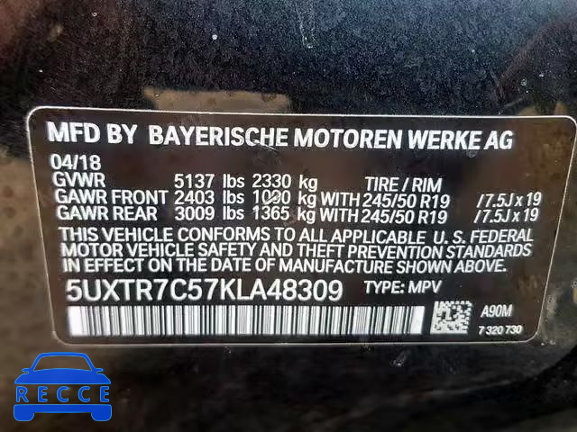 2019 BMW X3 SDRIVE3 5UXTR7C57KLA48309 image 9