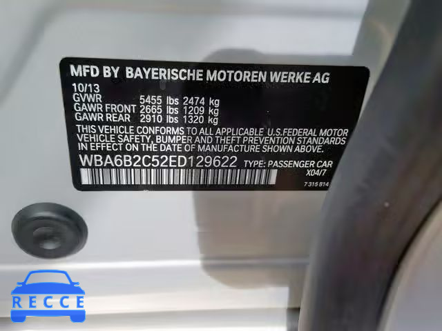 2014 BMW 650 I WBA6B2C52ED129622 image 9