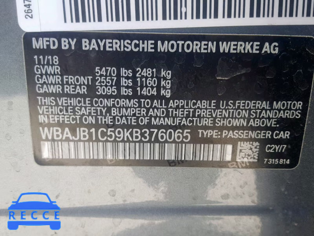 2019 BMW 530XE WBAJB1C59KB376065 зображення 9