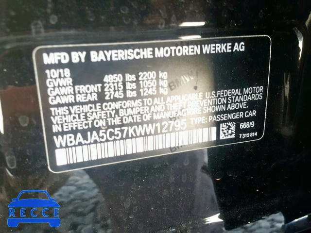 2019 BMW 530 I WBAJA5C57KWW12795 image 9