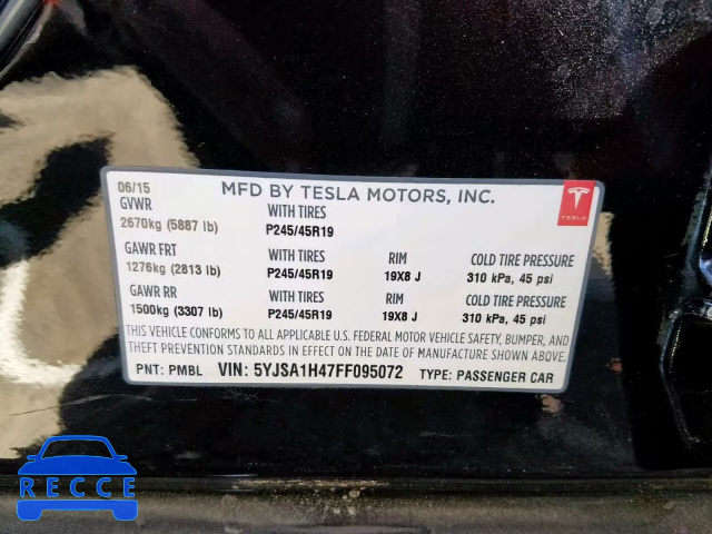 2015 TESLA MODEL S P8 5YJSA1H47FF095072 зображення 9