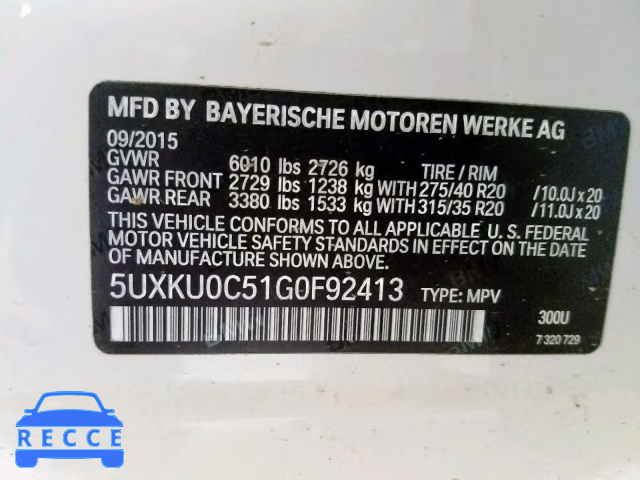 2016 BMW X6 SDRIVE3 5UXKU0C51G0F92413 image 9