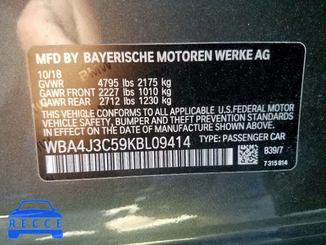 2019 BMW 430XI GRAN WBA4J3C59KBL09414 зображення 9