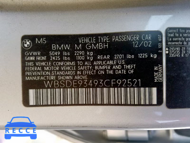 2003 BMW M5 WBSDE93493CF92521 image 9