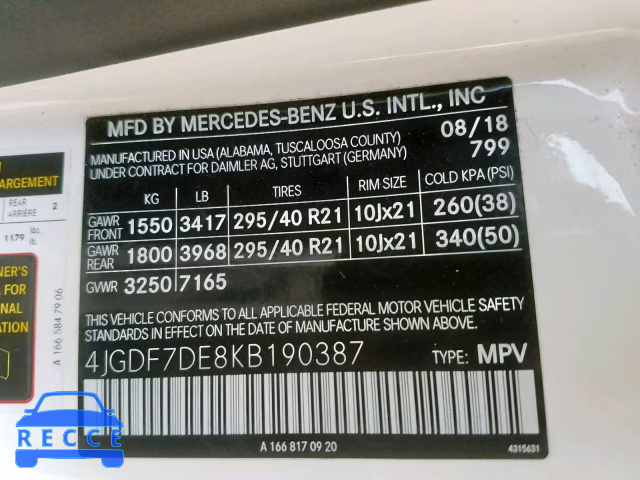 2019 MERCEDES-BENZ GLS 550 4M 4JGDF7DE8KB190387 image 9