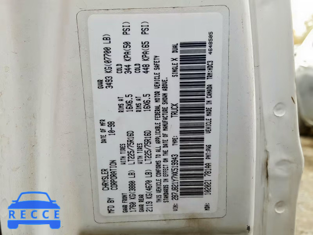 1999 DODGE RAM VAN B2 2B7JB21Y7XK519943 Bild 9