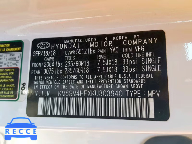 2019 HYUNDAI SANTA FE X KM8SM4HFXKU303940 image 9