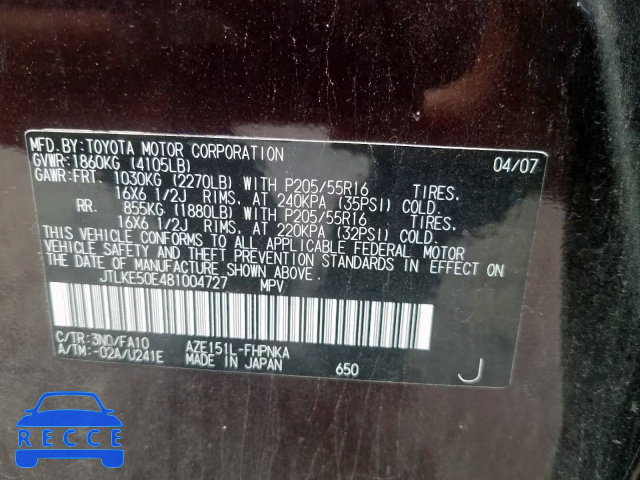 2008 TOYOTA XB JTLKE50E481004727 Bild 9