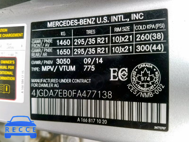 2015 MERCEDES-BENZ ML 63 AMG 4JGDA7EB0FA477138 зображення 9