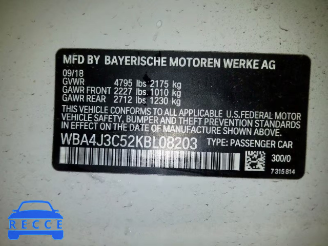 2019 BMW 430XI GRAN WBA4J3C52KBL08203 image 9