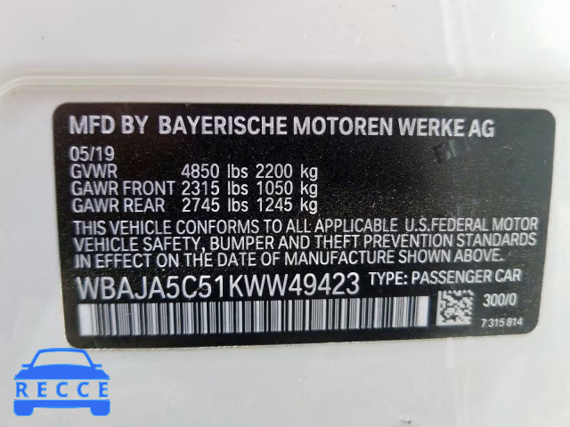 2019 BMW 530 I WBAJA5C51KWW49423 зображення 9