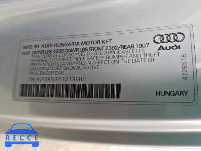 2004 AUDI TT 3.2 TRUUF28N741013684 image 9