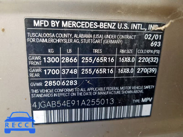 2001 MERCEDES-BENZ ML 320 4JGAB54E91A255013 image 9