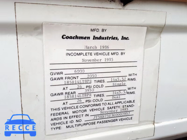 1986 TOYOTA PICKUP CAB JT5RN75U3G0002957 image 9