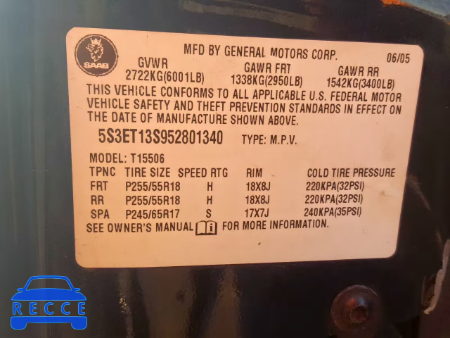 2005 SAAB 9-7X LINEA 5S3ET13S952801340 image 9