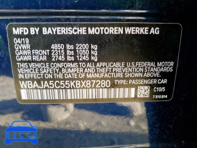 2019 BMW 530 I WBAJA5C55KBX87280 image 9