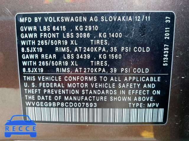 2012 VOLKSWAGEN TOUAREG HY WVGEG9BP8CD007593 зображення 9