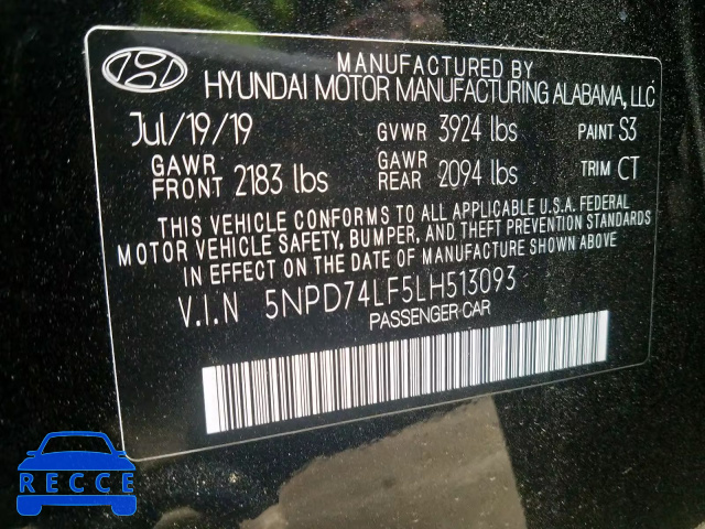 2020 HYUNDAI ELANTRA SE 5NPD74LF5LH513093 image 9