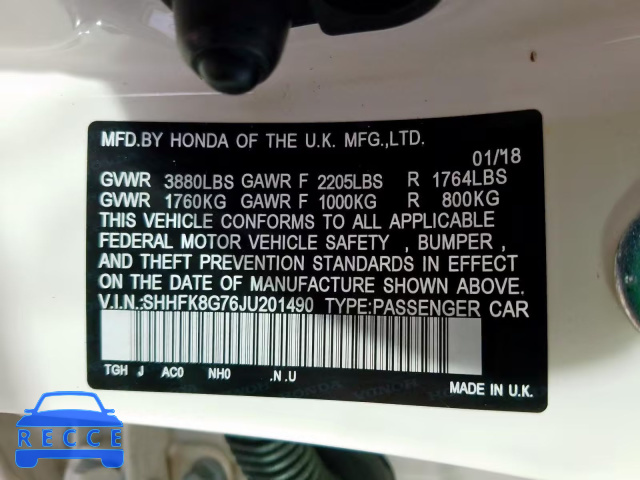 2018 HONDA CIVIC TYPE SHHFK8G76JU201490 image 9