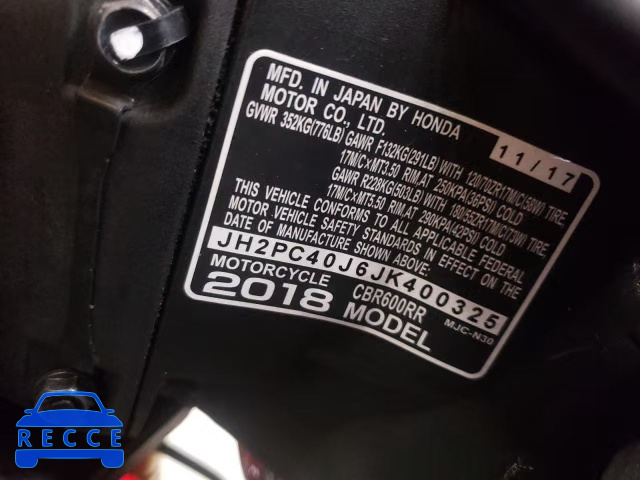 2018 HONDA CBR600 RR JH2PC40J6JK400325 image 9