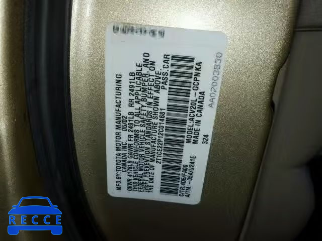 2002 TOYOTA CAMRY SOLA 2T1CE22P12C014681 Bild 9