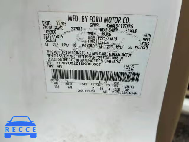 2006 FORD ESCAPE XLS 1FMYU02Z16KB66507 зображення 9