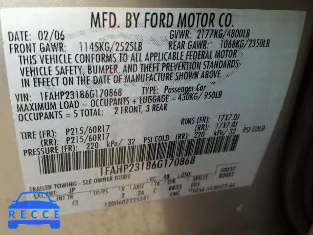 2006 FORD FIVE HUNDR 1FAHP23186G170868 зображення 9