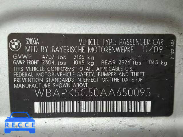 2010 BMW 328XI SULE WBAPK5C50AA650095 зображення 9