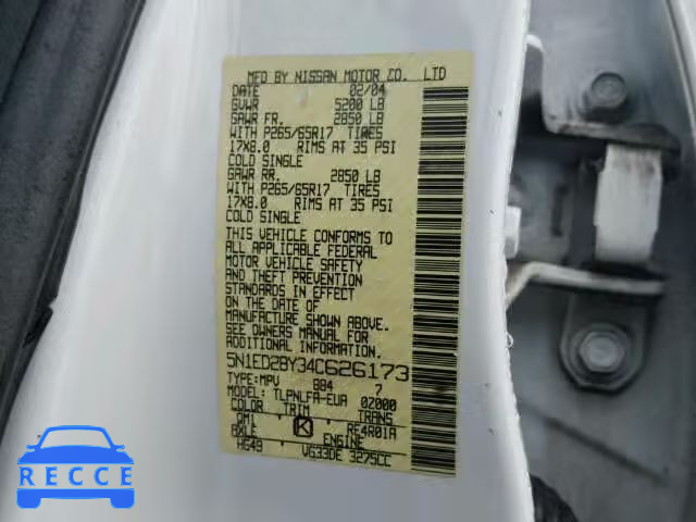 2004 NISSAN XTERRA XE/ 5N1ED28Y34C626173 image 9