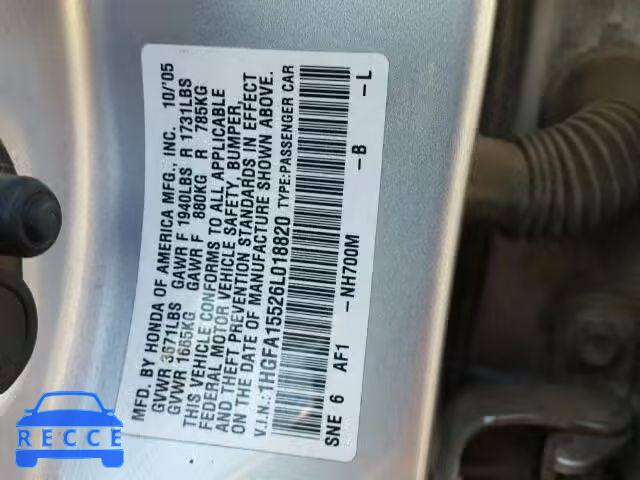 2006 HONDA CIVIC LX 1HGFA15526L018820 image 8